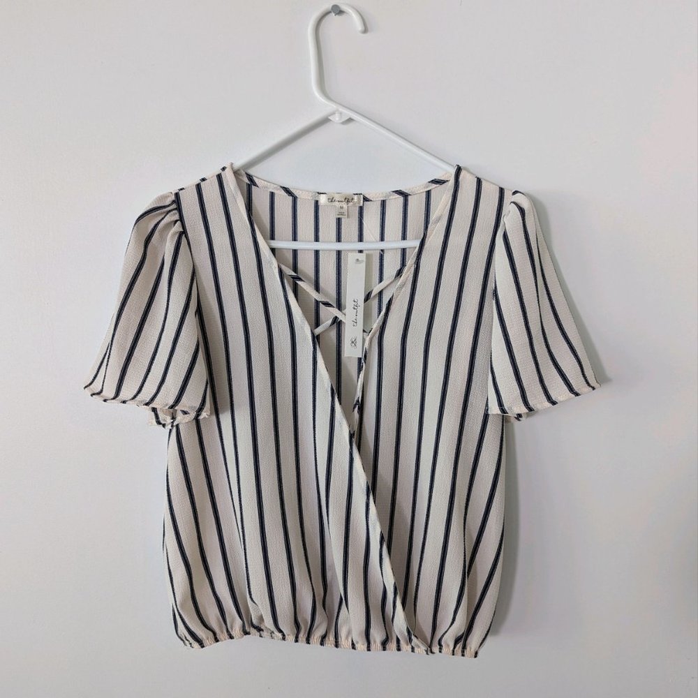 NWT The Outfit Cross Front Navy Striped Short Sleeve Top Size Medium
